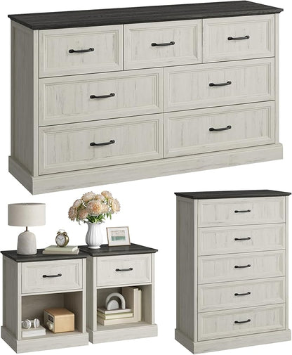 CARPETNAL Farmhouse Dresser and Nightstand Sets for Bedroom, 4 Pcs Bedroom Set, 5 Drawer & 7 Drawer Dresser and Nightstand Set of 2, Wood Chest of Drawers for Living Room, Entryway, White