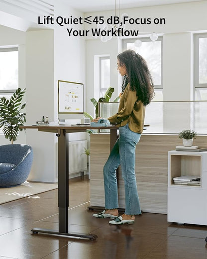 FEZIBO One-Piece Standing Desk Adjustable Height Stand up Home Office Desk, 48x24 Inch Electric Standing Computer Desk, with 4 Memory Presets, Headphone Hook, Black Walnut