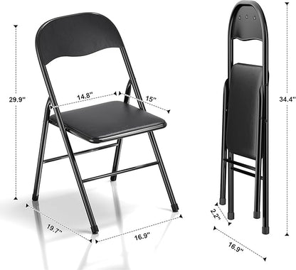 VECELO Folding Chairs 8 Pack Metal Portable with Soft PU Padded Seats for Home/Office/Party, Black
