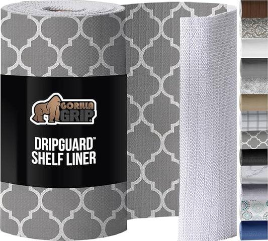 GORILLA GRIP DripGuard Shelf Liner, Non Adhesive Drawer and Kitchen Cabinet Protector, 24x240 Inch, Slip Resistant BPA Free Smooth Surface Plastic Liners for Cabinets, Bathrooms, Closets, White Gray
