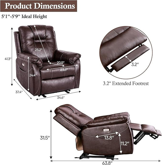 Power Recliner Chair with Heat and Massage, Electric Leather Recliner Chair for Adults with Extended Footrest, USB Port & Side Pockets, Faux Leather Massage Chair for Living Room (Brown)