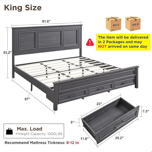 ACCOHOHO Farmhouse King Size Bed Frame with 52" Tall Headboard, Wood Platform Bedframe with Footboard and Storage Drawers, No Squeak, No Box Spring Needed, Black