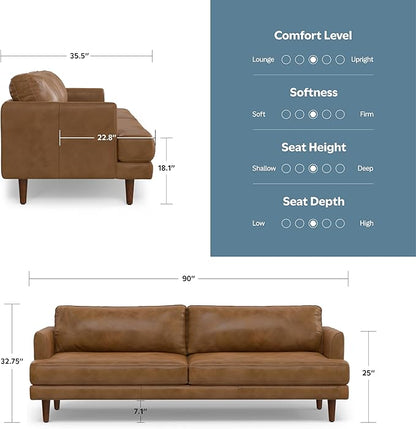 SIMPLIHOME Livingston 90-inch Wide Sofa in Caramel Brown Top Grain Genuine Leather, Handcrafted Mid-Century Modern Couch for Living Room, Large 3-Seater with Feather-Wrapped Cushions