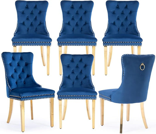 Velvet Upholstered Dining Chairs Set of 6, Modern Style Kitchen Side Chairs with Nailhead Trim and Gold Plated Leg, Metal Pulling Ring for Dining Room Living Room(Blue-Gold Plated Leg)