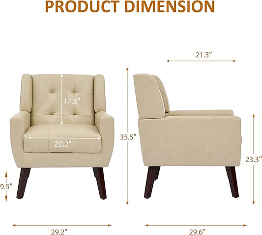 Faux Leather Accent Chairs Set of 2, Mid-Century Modern Upholstered Armchair, Comfy Living Room Chairs Reading Chairs with Button Tufted Back & Solid Wood Legs for Bedroom, Office, Cream