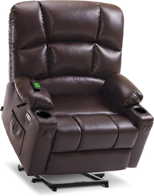 MCombo Oversized Dual Motor Power Lift Recliner Chair Sofa with Massage and Heat for Big Elderly People, Infinite Position, USB Ports, Faux Leather R7677 (Dark Brown, Medium-Oversize)