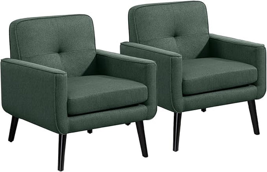Accent Chair Set of 2, Fabric Modern Chair with Wooden Frame, Cozy Armchair Reading Chair with Comfy Back for Apartment, Living Room, Bedroom, Waiting Room, Small Space, Corner, Green