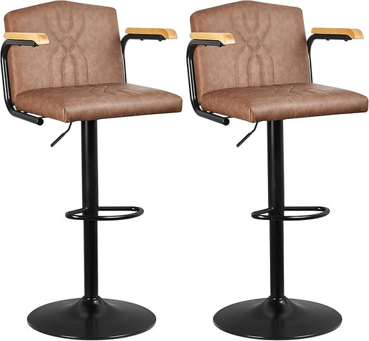 VECELO Bar Stools Set of 2, Adjustable & Swivel Faux Leather Bar Stools with Backs and Footrest, for Kitchen Islands, Dining Counters, Home Bars, Brown
