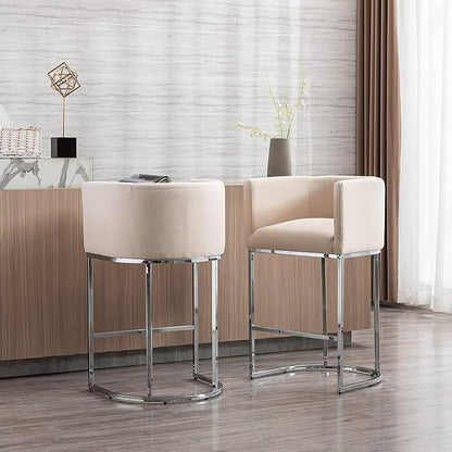 Contemporary Cream Linen Bar Stool, 29" Upholstered Fabric Counter Height Barstool Kitchen Counter Island Stool with Screwed Together Chrome Finish Base