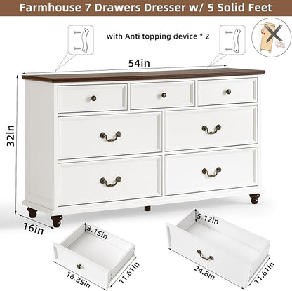 Farmhouse Dresser and Nightstand Sets, Wood 54" Wide Dresser & 24" Night Stand with Charging Station, 2 Piece Bedroom Furniture Set, Chest of Drawers for Bedroom, Home, Living Room, Hallway