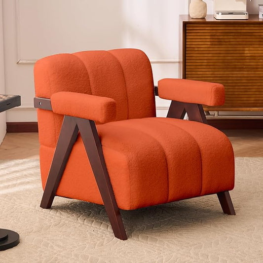 Accent Chair Mid-Century Modern with Wide Backrest for Bedroom, Upholstered Living Room Chair with Wooden, Lounge Armchair with Thick Cushion, Cute Teddy Comfy Chair, Orange