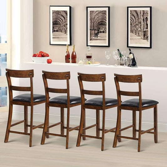 COSTWAY Counter Height Bar Stools Set of 4, 25.5 Inch Mid Century Modern Wooden High-top Chairs with Backrest, Rubber Wood Legs, Faux Leather Seat, Farmhouse Barstools for Kitchen Island, Pubs