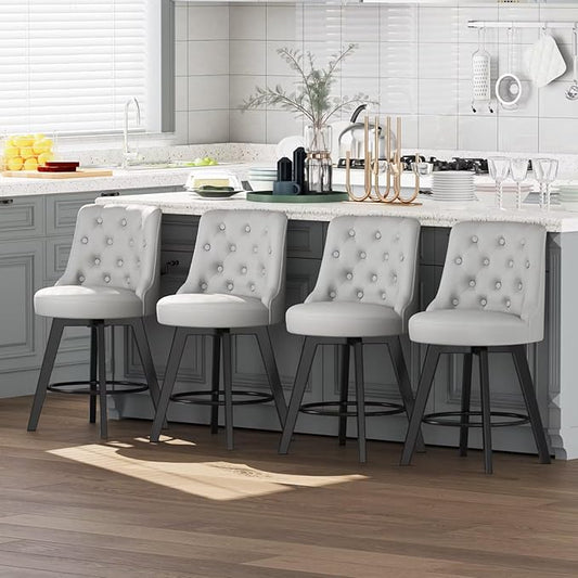 MINCETA Set of 4 Upholstered Bar Stools - 26 Inch Swivel Counter Height Stools with Low Tufted Back, Footrest & Performance Fabric - Round Seat for Kitchen Island & Home Bar Light Gray