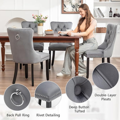 Velvet Dining Chairs Set of 2, Tufted Dining Room Chairs with Nailhead Ring Pull Trim, Upholstered Dining Chairs with Solid Wood Legs for Kitchen Dining Room, Sillas De Comedor (Grey)