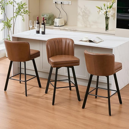 Swivel Counter Height Bar Stools Set of 3, 30'' Modern Barstools with Backs and Metal Legs, Upholstered Bar Chairs, Faux Leather Dark Brown Stools for Kitchen Island Chairs