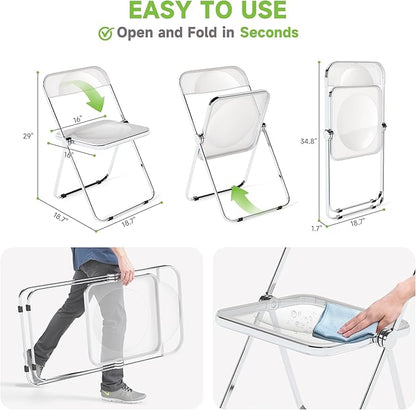 Real Relax Acrylic Folding Chairs,Foldable & Stackable Clear Chairs with Metal Chrome Frame, Indoor and Outdoor, for Home, Office, Party & Events,Set of 4,350LB,Transparent