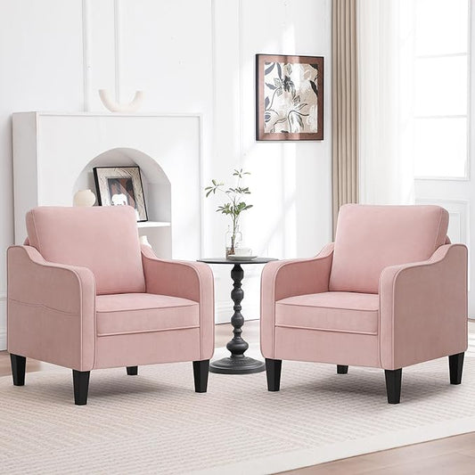 Accent Chairs Set of 2, Upholstered Living Room Chair with Side Pockets, Mid Century Modern Reading Chair for Bedroom, Comfy Armchair Single Sofa Side Chair for Office, Small Room, Pink