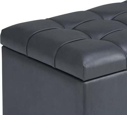 SIMPLIHOME Sienna 33 inch Wide Transitional Rectangle Storage Ottoman Bench in Stone Grey Vegan Faux Leather, Assembled, For the Living Room, Entryway and Family Room