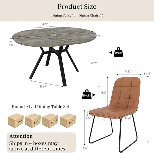 Extendable Round Dining Table Set for 6 People, 43.3"-59.1" Extendable Kitchen Table with 6 Upholstered Chairs, Space Saving for Kitchen Dining Room (Grey Table+6 U-Shaped Brown Chairs)