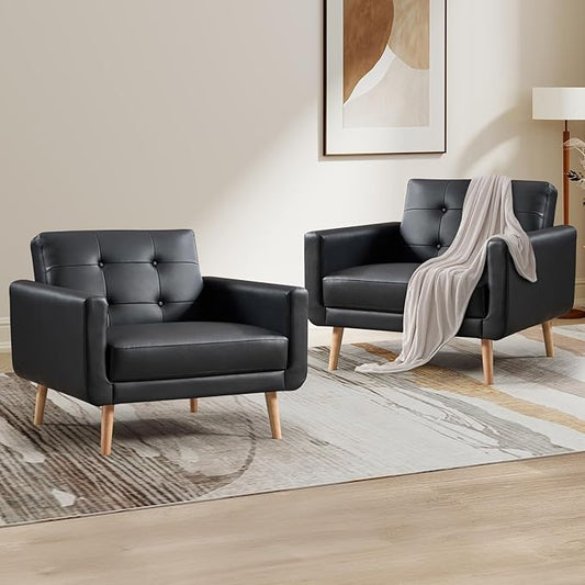 CANMOV 29" W Oversized Leather Accent Chair Set of 2, Armchair Button Back, Mid Century Modern Accent Chairs for Living Room, Modern Upholstered Bed Room Chair Cozy Armchair with Wood Legs, Black