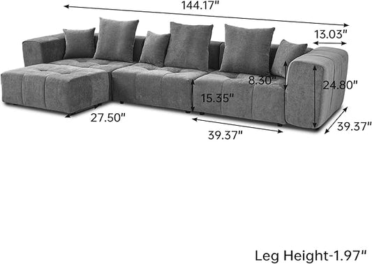 JACH 144.1 Inch L-Shaped Modular Sofas, Modern 3-Seater Couch with Chaise Ottoman, Mid Century Modern Sectional Couches, Cozy Sleeper Sofa for Apartment/Living Room (Linen Fabric, Grey)