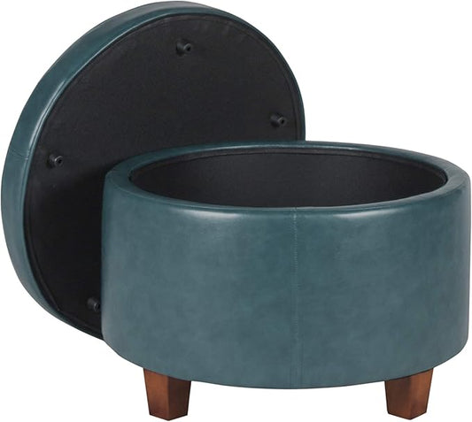 HomePop Round Leatherette Storage Ottoman with Lid, Teal