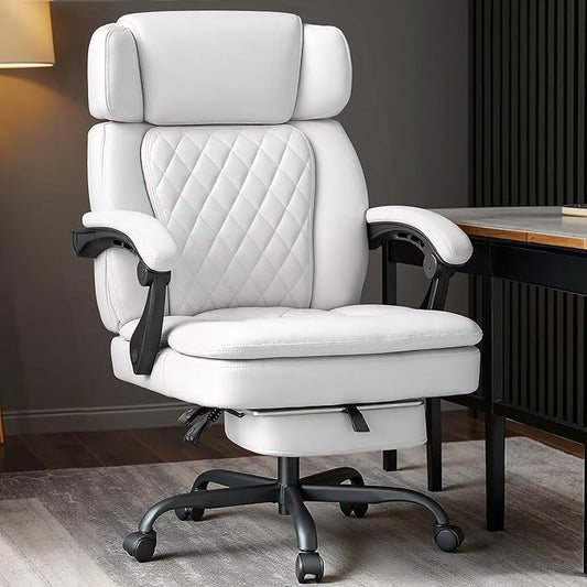 400lbs Office Chair with Foot Rest, Ergonomic Big and Tall Office Chair with Adjustable Headrest, High Back PU Leather Computer Chair,Comfy Heavy Duty Office Desk Chair (Classic White)