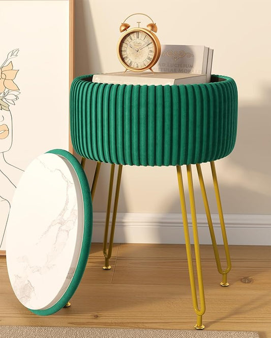 IBUYKE Velvet Storage Footrest Stool Ottoman, Makeup Vanity Stool Side Table with Golden Steel Legs Removable Cover, Coffee Table Top Cover, Green LG-20L