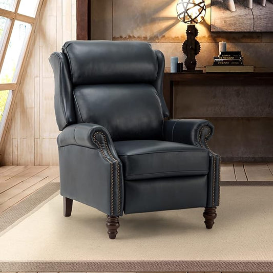 HULALA HOME Genuine Leather Recliner Chair, Traditional Manual Pushback Comfy Seating for Living Room, Thick Cushion & Solid Wood Legs, Wingback Recliner with Nailhead Trim, Navy