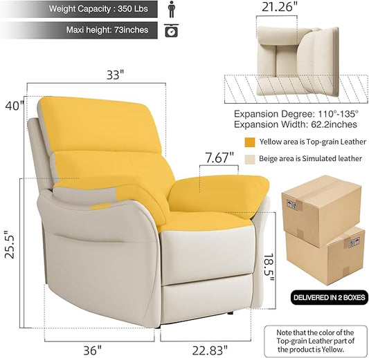 AIRSKY Genuine Leather Recliner Chair, Top Grain Leather, Italian Water-Washing Process, Lazy boy Recliner Chair, for Living Room, Theater Seating, Bedroom. R1, Beige