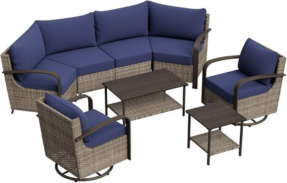 COOS BAY Aurora Terrace Half-Moon Outdoor Furniture Set, Rattan Conversation Set with Swivel Rockers, Curved 4-Seat Sofa, Coffee Table & Side Table, Seats 6, Beige/Blue