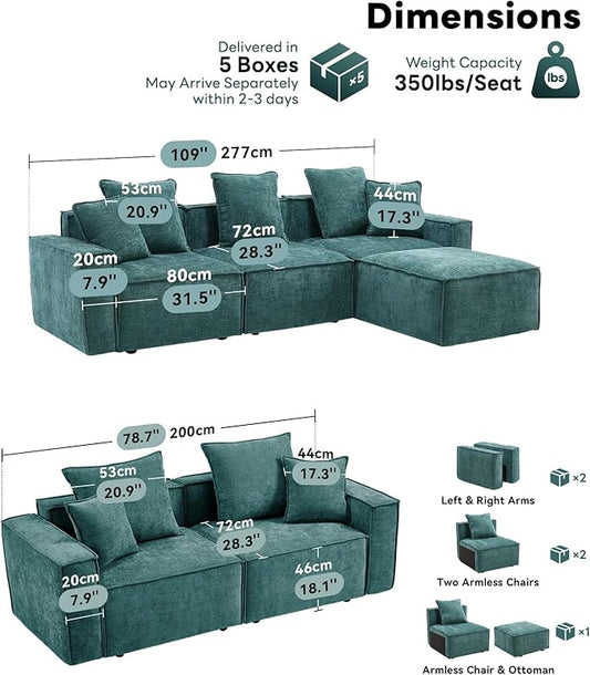 WILLOVE Modular Sectional Sofa Set, Chenille Cloud Couch with Wide Armrests & 8 Pillows, Deep Seat Couches for Living Room, 6-Seater Green