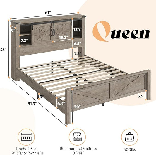 AMERLIFE Farmhouse Queen Bed Frame with Storage Headboard & Charging Station, Rustic Wood Platform Bed with Barn Door Bookcase, No Box Spring Needed, Light Grey Bedroom Furniture
