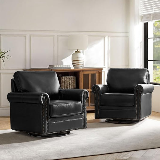 HULALA HOME Swivel Accent Chair Genuine Leather Barrel Rocker Chair with Metal Base Transitional Armchair Padded Round Armrest Set of 2, Black