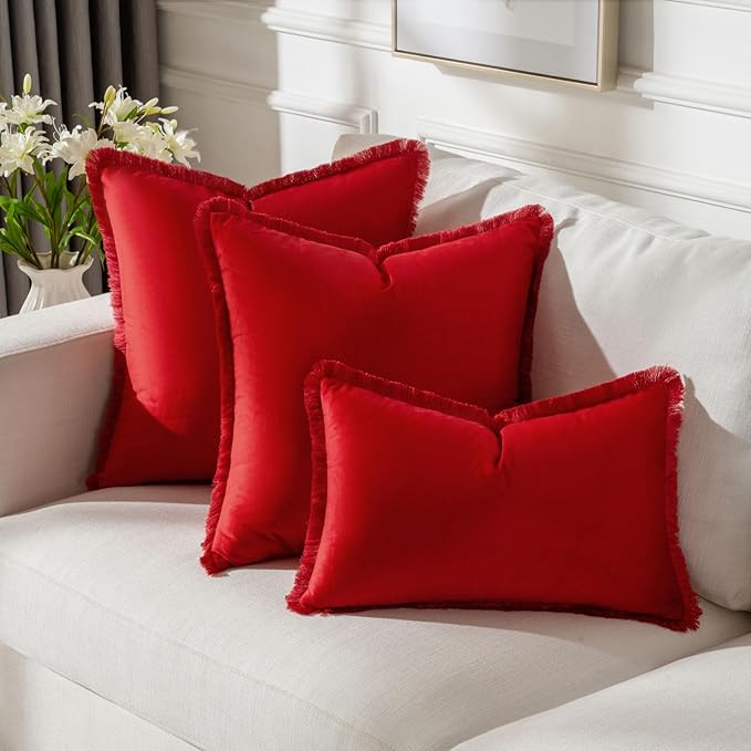 FUTEI Christmas Red Velvet Decorative Throw Pillow Covers 24x24 Set of 2,Soft Cozy Edge with Tassels European Cushion Case,Boho Modern Home Decor for Couch Bed Living Room