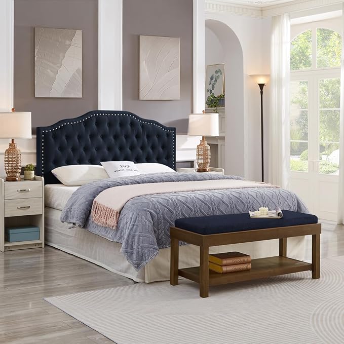 24KF Upholstered Button Tufted Queen Headboard with Nailhead Trim, Elegant Boucle Fabric Full headboard, 6031-Q-Boucle-Navy
