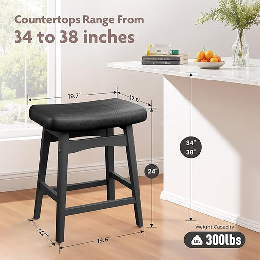ALPHA HOME Black Bar Stools Set of 2, Solid Wood Saddle Kitchen Island Stools with PU Leather Cushion Backless Counter Height Barstools with Wooden Base for Kitchen Dining Cafe, 24 Inch, Black, 2PCS