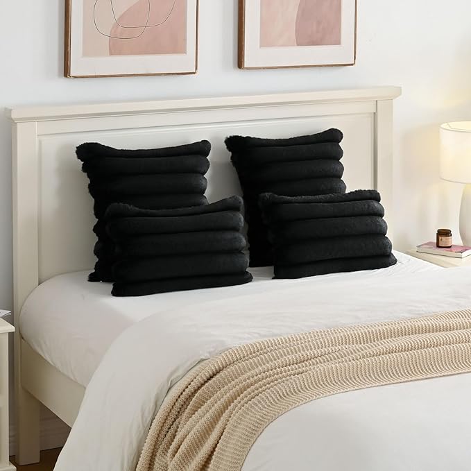 FUTEI Black Decorative Throw Pillow Covers 22x22 Inch Set of 2, Square Soft Faux Rabbit Fur Thick Striped Cushion Cover,Winter Home Decor for Couch Bed Living Room