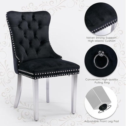 Velvet Upholstered Dining Chairs Set of 6, Modern Style Kitchen Side Chairs with Nailhead Trim and Silver Plated Leg, Metal Pulling Ring for Dining Room Living Room(Black, Set of 6)
