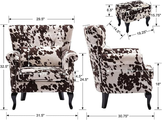 Mid Century Modern Accent Chair Upholstered Armchair Comfy Velvet Tufted Wingback Single Sofa with Ottoman for Bedroom Living Room, Cow