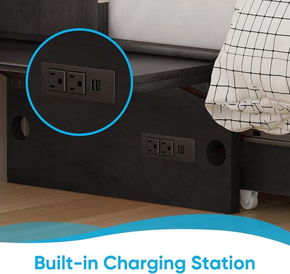 Mjkone Queen Murphy Bed Cabinet, Cabinet Bed with Built-in Charging Station, Storage Drawer, Solid Wood Cabinets Bed with Tri-fold Mattress, Cube Murphy Chest Beds for Guest Room, Home, Office, Grey