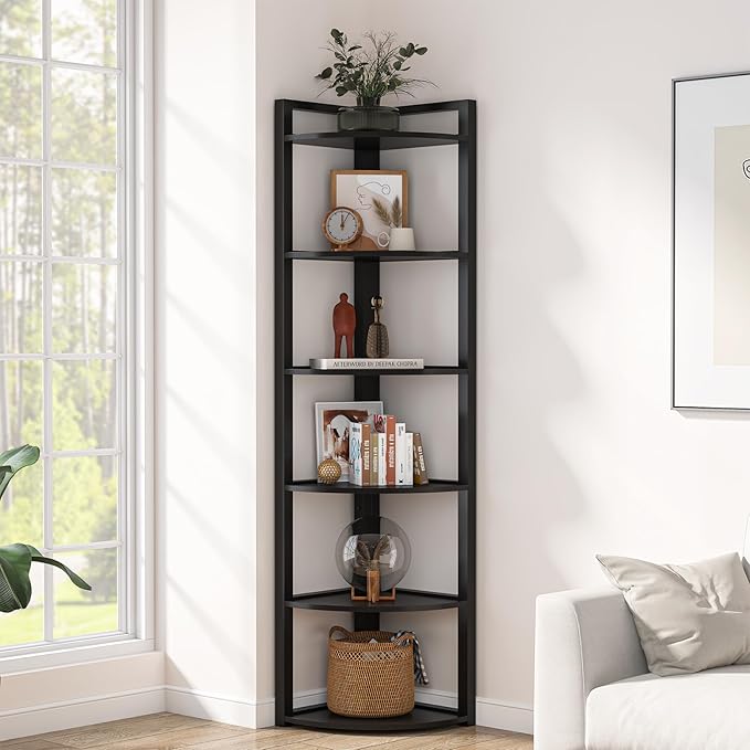 TRIBESIGNS WAY TO ORIGIN Corner Shelf, 70.9 Inch Tall Corner Bookshelf, 6 Tier Ladder Shelf with Metal Frames Multifunctional Modern Bookcase for Living Room, Home Office, Kitchen, Small Space (Black)
