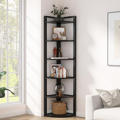 TRIBESIGNS WAY TO ORIGIN Corner Shelf, 70.9 Inch Tall Corner Bookshelf, 6 Tier Ladder Shelf with Metal Frames Multifunctional Modern Bookcase for Living Room, Home Office, Kitchen, Small Space (Black)