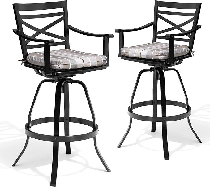 Pellebant 6 Pack Sunbrella Outdoor Bar Stools 30", Aluminum Swivel Patio Bar Height Bar Stools with Back & Footrest, for Deck Lawn Garden(Milano Char)