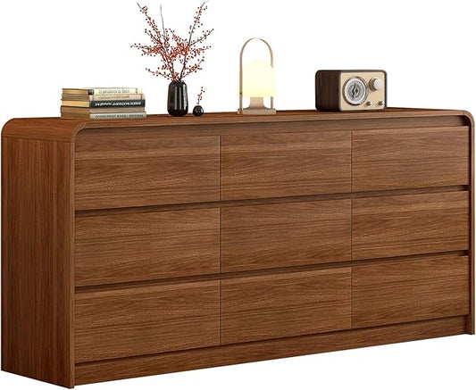 9 Drawer Dresser For Bedroom 63 Inch Wooded Chest of Drawers - Curved Anti Collision, Mid Century Dresser For Closet with Natural Texture & Pre-Embedded Slots for TV Stand, Living Room, Hallway