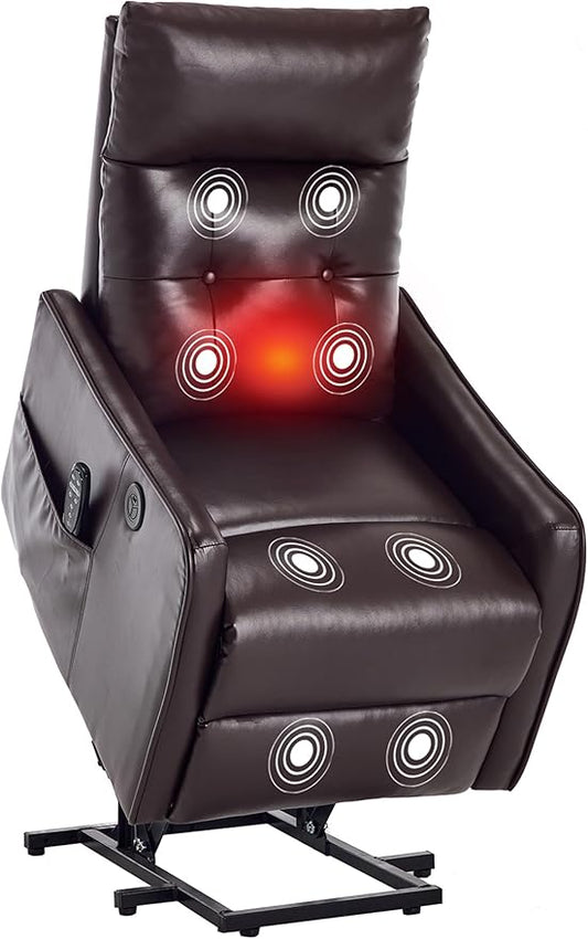 PELUMY Manual Lift Recliner Chair with Massage and Heat for Elderly, Single Motor Electric Lift Chair, Heavy Duty Recliner with USB Charging & Side Pockets (Breathable Leather, Brown)