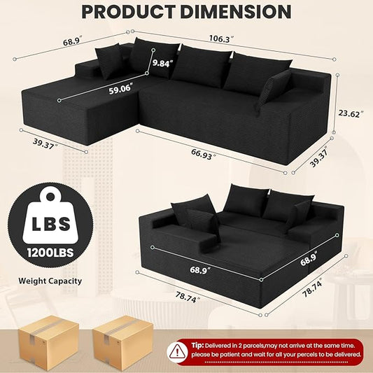 LEVELEVE 107" Cloud Sectional Couch with Deep Seat，Modern Modular Sofa with L-Shape Chaise，No Assembly Required, Upholstered Couches for Living Room Bedroom(Black,Left Facing Chaise)
