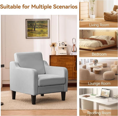 Accent Chair for Living Room, Modern Velvet Living Room Chairs with Wide Backrest, Upholstered Comfy Chair with Cushion, Oversized Sofa Chair with Wood, Single Armchair for Bedroom, Grey