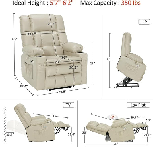 MCombo Dual Motor Large Power Lift Recliner Chair for Elderly, Lay Flat Lift Chair with Heat and Massage, Big Lift Recliner for Tall People, Faux Leather 7896 (Cream White, Large)