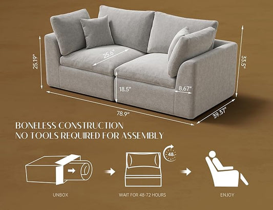 78.9" Loveseat Sofa, Cloud Boneless Couches for Living Room, Modern Modular Sectional Sofa, Oversized, Light Grey